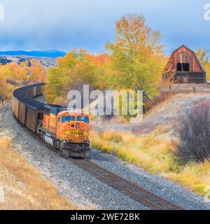 train passant par une ancienne grange en automne à jens, montana Banque D'Images