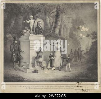 Monument pour Theodorus van Swinderen, Jan Baptist Tetar van Elven, 1832 imprimer un groupe de personnes s'est réuni pour un monument du surveillant de l'école Theodorus van Swinderen. Un jeune homme est occupé à compléter le monument avec une inscription. Cela lui est dicté par un professeur à côté du piédestal. Une femme avec deux enfants à ses jupes pointe le portrait dans le médaillon, tenu par un putto qui souffle sur un loft compret. Derrière elle se trouvent des objets qui se réfèrent à la science comme un globe et des livres. Plus loin sur le chemin est un groupe d'hommes, l'un d'eux pointe vers un dôme au loin ; le temple d'immort Banque D'Images