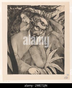 Christ Op de Olijf Mont, Lodewijk Schelfhout, 1924 imprimer deux disciples endormis sur le mont des oliviers. À droite, en arrière-plan, Christ qui prie à genoux. Papier point sec prière du Christ dans le jardin de Gethsémani pendant la nuit Banque D'Images