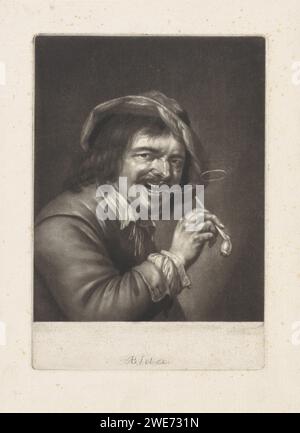 Homme avec une pipe (l'odeur), Abraham Blotling, d'après Petrus Staverenus, 1652 - 1690 imprimer l'odeur des sens. Un homme fume une pipe et souffle un anneau de fumée. L'estampe fait partie d'une série avec les cinq sens. Pipe à papier Amsterdam  tabac. odorat, odorat (un des cinq sens) Banque D'Images