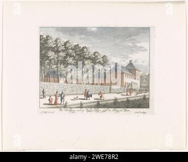 Vue des écuries sur le côté sud du palais de Soestdijk, anonyme, 1695 face imprimée du jardin sur les écuries sur le côté sud du palais de Soestdijk, écluse de chasse du propriétaire Guillaume III d'Oranje-Nassau. Au premier plan figures dans le jardin. Jardin de gravure sur papier d'Amsterdam. Stall, stable Soestdijk Palace Banque D'Images