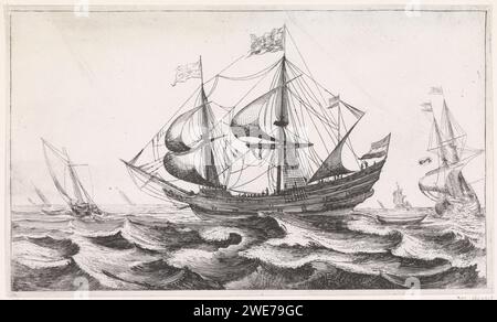 Driemaster en mer naviguant à gauche, Jan van de Velde (II), d'après Cornelis Claesz van Wieringen, 1603 - 1641 imprimer trois mâts en mer naviguant à gauche ; quelques voiliers de plus autour du navire. Imprimer à partir d'une série de huit avec des Marines. Bateau à voile de gravure de papier du nord des pays-Bas, bateau à voile. mer (paysage marin) Banque D'Images