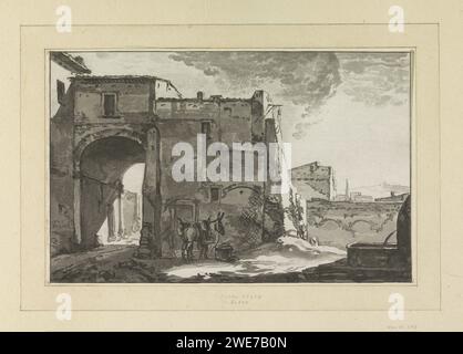 Poort avec voyageur et mulet, Cornelis Brouwer, Cornelis Ploos van Amstel, d'après Thomas Wijck, 1795 - 1828 estampe à une porte il y a un homme et une mulet. A droite une source d'eau. gravure de papier vue sur la ville, et paysage avec des constructions artificielles. mule Banque D'Images