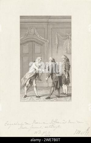 Don à Admiraal Bailli de Suffren au nom des États généraux, 1784, Reinier Vinkeles (I), après Jacobus achète, 1792 print Présentation du don d'un Degen d'or à l'amiral français Pierre André de Suffren de Saint-Tropez, en raison de ses mérites dans la lutte contre les Anglais dans les Indes orientales, 1784. L'épée est remise au nom des États généraux par G. Brantsen et l'Estévenon van Berkenrode. Amsterdam papier gravure / gravure présentation de l'épée  installation d'une règle. cadeaux acceptés. Quatrième guerre anglo-néerlandaise Banque D'Images