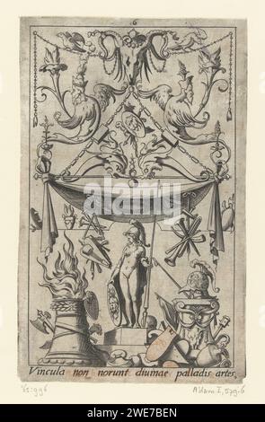 Pallas Athene, René Boyvin (atelier de), d'après Léonard Thiry, 1551 - 1580 impression en bas est un texte latin. De la série de 16 feuilles partiellement numérotées avec des décorations plates de dieux et déesses dans un cadre de grotesken avec des créatures fantastiques, des animaux, des guirlandes et des mascarons. France (éventuellement) gravure sur papier Banque D'Images