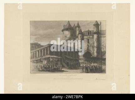 Fort Grand Châtelet et Marktplein à Paris, Charles Meryon, d'après Anonymous, 1861 imprimer le fort Grand Châtelet au Pont-au-change à Paris dans la situation avant sa démolition en 1860. Sur la place en face du fort, il est très occupé avec différents marchands sur le marché. L'artiste a utilisé comme exemple un dessin anonyme datant d'environ 1780. papier. peinture (revêtement) gravure / forteresse de pointe sèche. Marché Paris Banque D'Images