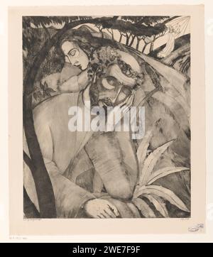 Christ Op de Olijf Mont, Lodewijk Schelfhout, 1924 imprimer deux disciples endormis sur le mont des oliviers. À droite, en arrière-plan, Christ qui prie à genoux. Papier point sec prière du Christ dans le jardin de Gethsémani pendant la nuit Banque D'Images