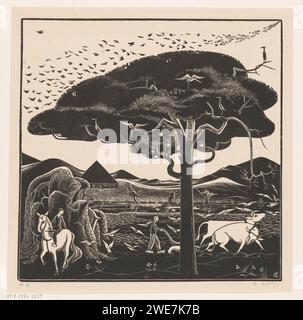 Ploegende ossen, Bernard Essers, en ou après 1927 - en ou avant 1928 imprimer deux boeufs tirent une équipe à travers un champ. Un homme sur sabots court derrière eux. A gauche au premier plan un homme assis sur un cheval sur un cheval. Sur la droite un arbre avec des oiseaux, peut-être des hérons. Un essaim d'oiseaux dans l'air. En arrière-plan une ferme dans un paysage vallonné. bœuf de papier. labour. ferme ou maison solitaire dans le paysage. arbres Banque D'Images