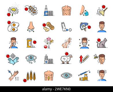 Icônes de ligne de couleur d'allergie, asthme, fièvre et rhinite symptômes allergiques, symboles vectoriels. Santé et allergie à la poussière, maladie médicale du nez ou des yeux, allergie au pollen et aux allergènes avec icônes de symptômes Illustration de Vecteur