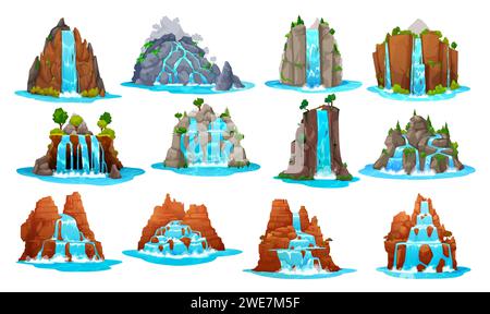 Cascade de dessin animé Wild West et cascade d'eau. Ressource de paysage de jeu. Courants descendants de vecteurs isolés, jets liquides purs. Chute de rivière de la roche ou de la montagne, fontaine naturelle ui ou gui jeu graphique 2D. Illustration de Vecteur