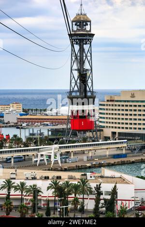 Vue depuis une télécabine rouge, téléphérique Teleferic de Montjuic, Torre Jaume I, Port Vell, Barcelone, Espagne Banque D'Images