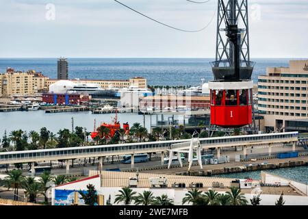 Vue depuis une télécabine rouge, téléphérique Teleferic de Montjuic, Port Vell, Barcelone, Espagne Banque D'Images