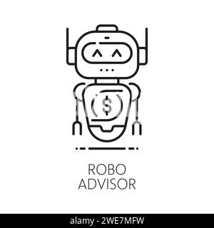 Conseiller Robo Internet Cryptocurrency, bot de chat Fintech et icône linéaire de technologie en ligne blockchain. Technologie d'intelligence artificielle Fintech, icône vectorielle linéaire bot d'affaires en ligne avec robot Illustration de Vecteur