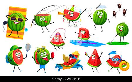 Personnages de pastèque de dessin animé sur les vacances d'été, personnages de nourriture de fruits de vecteur. Drôles mignons tranches et graines de fruits de pastèque s'amuser à la plage de la mer avec des lunettes de soleil, planche de surf et cocktails Illustration de Vecteur