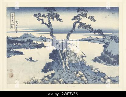 HET SUWA MEER in de provincie Shinano, Katsushika Hokusai, 1829-1833 face imprimée au-dessus du lac Suwa avec la montagne Fuji en arrière-plan ; au premier plan un rocher sur lequel un sanctuaire et deux arbres. Imprimeur : Japanpublisher : Tokyo paper color Woodcut Lake. temple, sanctuaire  religions non chrétiennes. Montagnes Fuji Banque D'Images