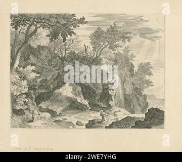 Paysage rocheux avec la stigmatisation de Saint François, Aegidius Sadeler (II), d'après Jan Brueghel (I), 1580 - 1629 imprimer Paysage rocheux avec arbres. Au premier plan Saint François. Il voit la croix du Christ dans une vision et reçoit ses stigmates. Gravure sur papier inconnue stigmatisation de St. François d’Assise : en retraite sur le mont Alverna, il voit une vision du Christ sur la croix enveloppée d’ailes (comme un séraphin à six ailes) ; les rayons qui descendent jusqu’au corps du saint agenouillé forment les marques des cinq blessures du Christ. roches Banque D'Images