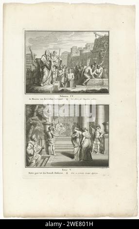 Reconstruction des murs de Jérusalem et Esther visite le roi Ahasveros, Jacob Folkema, 1791 imprimer deux représentations bibliques de NEH. 4 et est. 5. La reconstruction des murs de Jérusalem, et Esther rend visite au roi Ahasveros. Deux représentations d'une plaque, chacune avec un titre en néerlandais et en français. Entièrement numéroté en bas à droite : 70. Editeur : Amsterdampublisher : papier Dordrecht gravure de la reconstruction des murs de Jérusalem (Néhémie 2:12 - 4 ; 6). Esther devant Assuérus (Esther 5:1-4) Banque D'Images