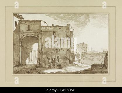 Poort avec voyageur et mulet, Cornelis Brouwer, Cornelis Ploos van Amstel, d'après Thomas Wijck, 1783 estampe à une porte il y a un homme et une mulet. A droite une source d'eau. gravure de papier vue sur la ville, et paysage avec des constructions artificielles. mule Banque D'Images