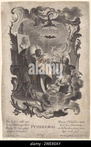 Pythagore, Balthasar Sigmund Setletzky, d'après Johann Esiah Nilson, 1731 - 1771 impression à gauche dans un espace éclairé par des bougies, Pythagore s'appuie sur un globe terrestre. À droite, quatre jeunes figures l'écoutent. Autour du spectacle un cadre rocaille avec crâne, flammes et fumée. Deux fois un texte allemand et latin de quatre lignes dans la marge inférieure. Numéro de publication 25. Augsbourg gravure sur papier / gravure Pythagore, le philosophe. enseignant et élève. globe Banque D'Images