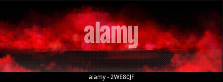 Effet de superposition de fumée rouge sur fond noir. Illustration réaliste vectorielle de feu chaud abstrait et nuages de flamme en enfer, poudre de peinture pulvérisée dans l'air, puissance magique, conception d'atmosphère effrayante Halloween Illustration de Vecteur