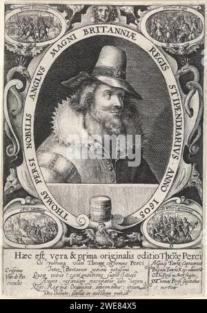 Portrait de Thomas Percy, Crispijn van de passe (I), 1605 tirage Portrait du catholique anglais Thomas Percy qui a été impliqué dans la poudre à canon recommander de 1605. C'était un plan catholique pour faire exploser le Parlement anglais et ainsi tuer le roi Jacobus I. Dans les coins avec la capture et la condamnation de Guy Fawkes (il a gardé la poudre à canon pour l'attaque), Thomas Percy qui est abattu à Holbeche House et la mort de Thomas Percy. Gravure sur papier Cologne Banque D'Images