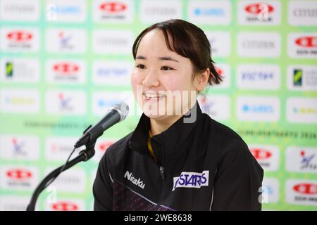 Tokyo, Japon. 24 janvier 2024. Tennis de table Mima Ito : Championnats japonais de tennis de table 2024 Conférence de presse au Tokyo Metropolitan Gymnasium à Tokyo, Japon . Crédit : Yohei Osada/AFLO SPORT/Alamy Live News Banque D'Images