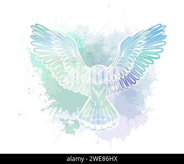 Illustration vectorielle d'un oiseau stylisé avec des éclaboussures d'aquarelle bleue sur un fond blanc. Peinture de la silhouette de hibou avec des sprays de teinture. Illustration de Vecteur