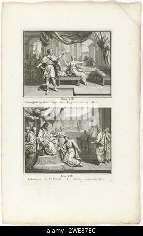 Roi Ahasveros furieux sur Haman et Mórdecai est récompensé par le roi Ahasveros, Jacob Folkema, 1791 imprimer deux représentations bibliques de l'est. 7 et 8. Le roi Ahasveros est furieux contre Haman, et Mórdecai est récompensé par le roi Ahasveros. Deux représentations d'une plaque, chacune avec un titre en néerlandais et en français. Entièrement numéroté en bas à droite : 72. Editeur : Amsterdampublisher : Dordrecht paper graving Mordecai empêche l'assassinat du roi Assuerus (Esther 2:21-23). Mordecaï devant Assuérus, qui lui donne son glyphe Banque D'Images