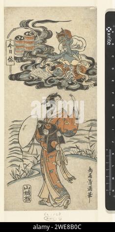 Meisje en de Dondergod Raijin, Torii Kiyomitsu (i), 1755-1760 print fille avec chapeau dans la main droite, debout près de la rivière, regardant vers le dieu du tonnerre Rajin sur un nuage noir; Raijin avec des bâtons de tambour dans la main droite, assis sur le livre de musique et le tableau sur lequel le texte 'Kyo Yasumi' (jour de congé aujourd'hui). Japon couleur papier bois gravé adolescent, jeune femme, jeune fille. cumulonimbus, c'est-à-dire nuages de tonnerre. édition imprimée de partition musicale Banque D'Images