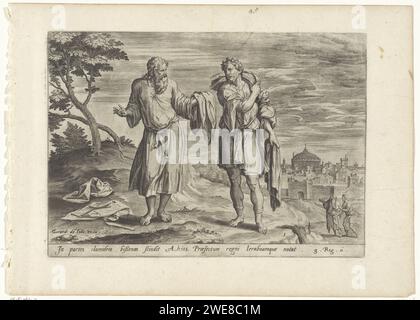 Jerobeam en de profeet Achia, Hans Collaert (I) (attribué à), d'après Ambrosius Francken (I), 1585 print le prophète Achia a déchiré son manteau en douze morceaux et en remet dix à JeroBeam. La cape déchirée symbolise la scission du peuple juif. JeroBeam devint roi de dix des douze tribus. Sous le spectacle une référence en latin au texte de la Bible en 1 Kon. 11. Réunion de gravure sur papier anversois de Jéroboam et du prophète Ahijah ; Ahijah rend son vêtement en douze morceaux, dont dix il donne à Jéroboam Banque D'Images