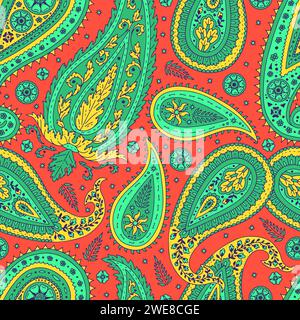 Modèle sans couture avec motifs Paisley vert sur fond rouge Illustration de Vecteur