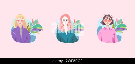 Avatars. Anime Girls. Personnage mignon avec des plantes. Style dessin animé. Illustration vectorielle. Illustration de Vecteur