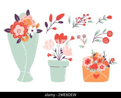 Ensemble de fleurs de Saint-Valentin éléments. Bouquets floraux et lettre isolés sur bacground blanc. Style plat. Illustration vectorielle de dessin animé Illustration de Vecteur