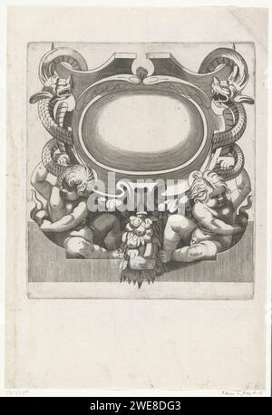 Cartouche avec deux dragons et deux enfants, vers 1628 copie passionnée à la page 17 de la série avec cartouches dans des cadres de travail roulant avec grotesken, guirlandes et mascarons publiée par Pierre Mariette. Gravure sur papier France Banque D'Images