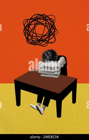 Collage créatif vertical photo assis jeune gars pile livres examen préparer table désespoir sentiment dépression bouleversé dessin fond Banque D'Images