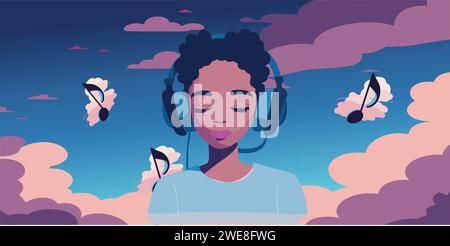 Immergé dans la Symphonie des couleurs : cette illustration vibrante capture l'essence d'une fille perdue dans la beauté de la musique, alors qu'elle peint son esprit du monde Illustration de Vecteur