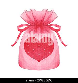 Sac cadeau avec motif coeur. Objet de jour de Saint Valentin. Eléments de peinture à l'aquarelle . Illustration . Banque D'Images