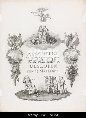 Allégorie et calligraphie sur la paix d'Amiens, 1802, Jacob Ernst Marcus, d'après Reinier Wiensis, 1802 imprimer allégorie sur la paix fermée à Amiens le 27 mars 1802, entre la République batave et la France et la Grande-Bretagne. Au-dessus du titre calligraphique se trouvent la paix et la fermeté (avec un portrait de Napoléon). Au-dessus de ce groupe, la renommée vole avec la branche de palmier et les armes de la République française et de la Grande-Bretagne. Au fond, la force bat la tromperie et la vertu dirige la richesse et la science vers la paix. Sur les côtés, les conséquences de la paix. A gauche, l'épanouissement de la com Banque D'Images