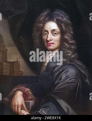 Sir Christopher Wren 1632-1723. Englischer Architekt, Wissenschaftler und Mathematiker. AUS dem Buch Galerie de portraits, veröffentlicht 1833., Historisch, digital restaurierte Reproduktion von einer Vorlage aus dem 19. Jahrhundert, Date d'enregistrement non indiquée Banque D'Images