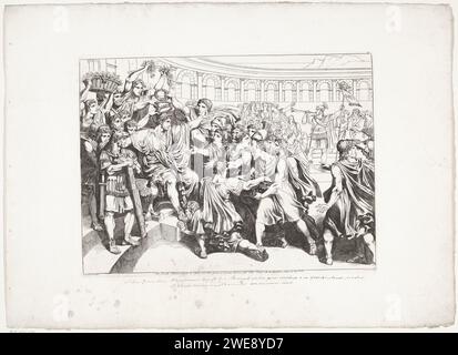 Titus Flamminus, Bartolomeo Pinelli, 1819 print Titus Quinctius Flaminininus proclame pendant les Jeux Isthmiques de 196 au nom du Sénat romain « la liberté de tous les Grecs qu'il avait libérés du joug macédonien ». Il est surchargé par les Grecs. Rome papier gravure Histoire Banque D'Images