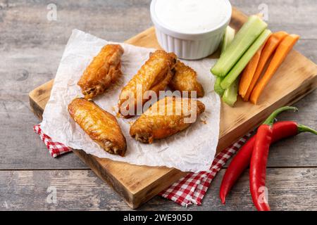 Ailes de poulet épicées de Buffalo avec sauce au poivre de Cayenne sur une table en bois Banque D'Images