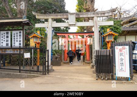 Tokyo, Japon. Janvier 2024. Vue extérieure des portes Torii au temple shinto du sanctuaire Gojoten au parc Ueno dans le centre-ville Banque D'Images