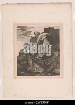 Ouvrier qui lie une corde autour d'un poteau, Johannes Josephus Aarts, 1901 imprimer Un homme assis en vêtements de travail et avec un chapeau lie une corde autour d'un poteau. Laissé en arrière-plan une rivière avec un pont au-dessus. Sur la droite en arrière-plan une clôture en bois. classe ouvrière de gravure sur papier, ouvriers. outils, aides, outils  artisanat et industries : corde Banque D'Images