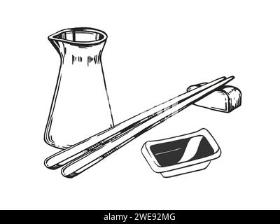 Illustration vectorielle du thème de la nourriture japonaise avec de la sauce soja dans la bouteille et le plat, baguettes sur un support, croquis monochrome encré dessiné à la main de fruits de mer Illustration de Vecteur