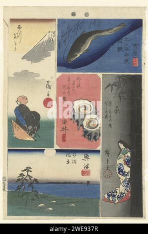 Nummer VIER VAN DE TOKAIDO, HIROSHIGE (I), Utagawa, 1849-1850 estampe feuille avec cinq petites estampes faisant référence aux stations du Tokaido. Yoshiwara : un loup de mer dans l'eau bleue profonde ; Kanbara : le prêtre Saigyo regardant le mont Fuji ; YUI : deux coquilles Sasaï ; Hara : la princesse Kagayu derrière un arbre ; Okitsu : vue sur la côte et la mer de Shiohama. Japon papier nishiki-e / couleur poissons gravés sur bois. paysages. l'homme au sens biologique général Banque D'Images