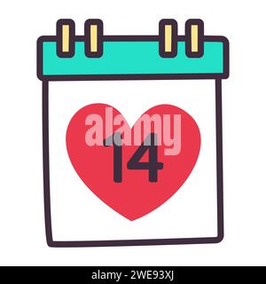 Décoration traditionnelle de la Saint Valentin. Illustrations dans le style de bande dessinée. Calendrier mural avec la date février 14. Numéro 14 sur le calendrier Illustration de Vecteur