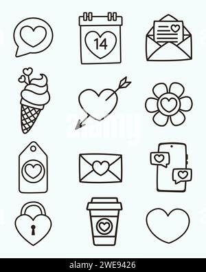 Éléments d'ensemble d'icônes vectorielles isolées de la Saint-Valentin. Cadeaux, coeurs, enveloppes, desserts, serrures et autres décorations traditionnelles. Illustrations dans le style de bande dessinée Illustration de Vecteur