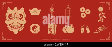 Élément de décoration du nouvel an lunaire chinois sur fond rouge, illustration vectorielle design plat Illustration de Vecteur