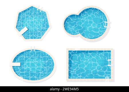 Set piscine vue de dessus dans le style de bande dessinée isolé sur fond blanc. Texture de l'eau, détaillée et lumineuse. Extérieur, paysage. Illustration vectorielle Illustration de Vecteur