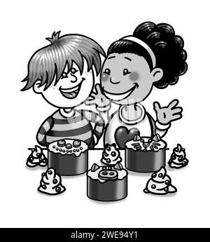Art noir et blanc, fille noire, garçon blanc, enfants cuisinant ensemble, cuisson, apprendre à cuisiner, activité éducative, faire des gâteaux, temps en famille Banque D'Images